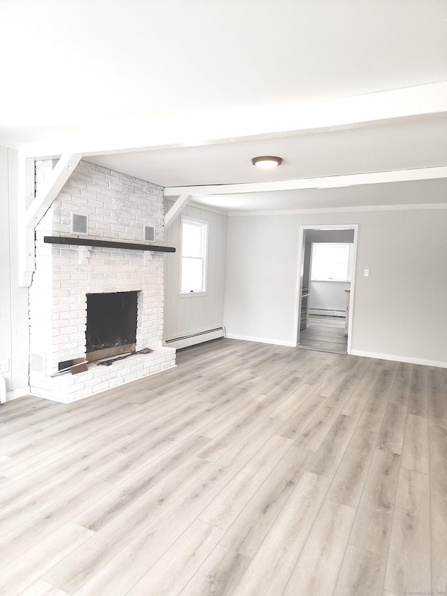 unfurnished living room featuring visible vents, wood finished floors, beamed ceiling, baseboards, and a baseboard radiator