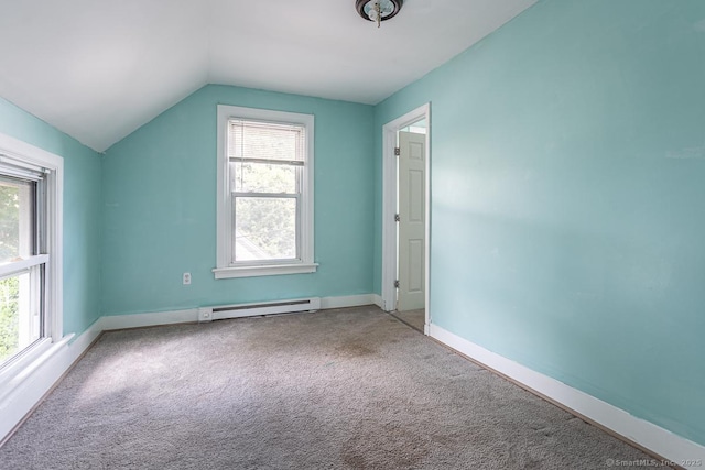 bonus room featuring baseboard heating, lofted ceiling, and carpet floors