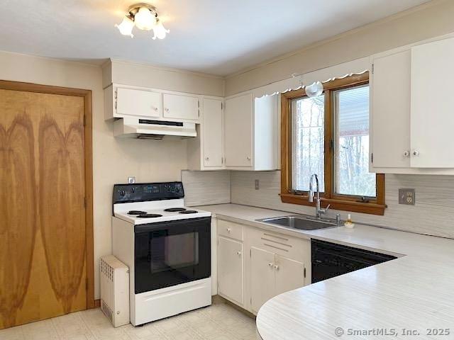 kitchen featuring range with electric cooktop, dishwasher, sink, and white cabinets