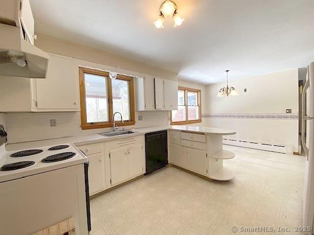 kitchen with pendant lighting, a baseboard radiator, black dishwasher, kitchen peninsula, and electric stove