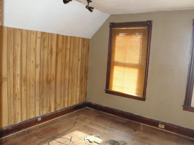 additional living space with vaulted ceiling and wooden walls