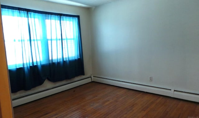 unfurnished room featuring dark wood-style flooring and baseboard heating