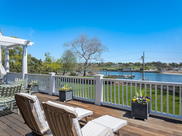 1060 Harbor Rd, Fairfield, CT 06890 - wooden terrace with a lawn, a water view, boat lift, and a boat dock