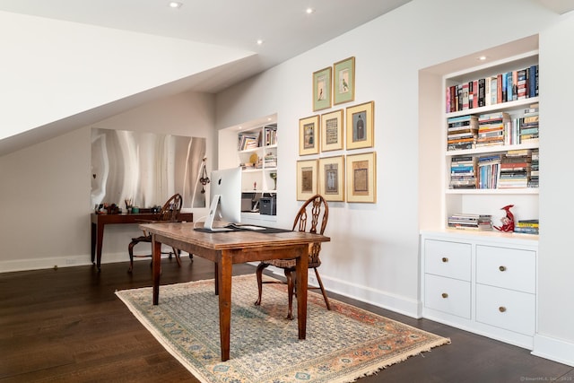 1060 Harbor Rd, Fairfield, CT 06890 - home office with dark wood-style floors, built in shelves, baseboards, and recessed lighting
