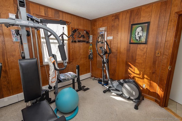 exercise room featuring light carpet and wooden walls