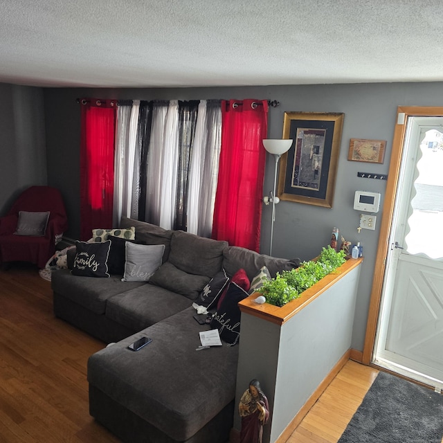 living room with hardwood / wood-style floors and a textured ceiling