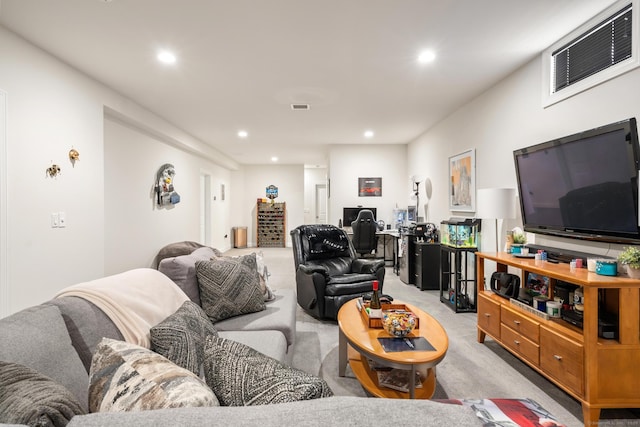 living room featuring light colored carpet