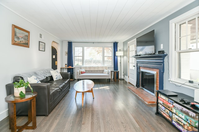 living room featuring a fireplace, hardwood / wood-style floors, and crown molding