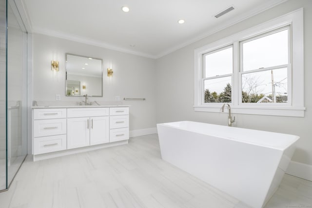 40 Hoyclo Rd, Stamford, CT 06903 - full bath with vanity, a soaking tub, ornamental molding, visible vents, and recessed lighting