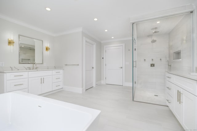 40 Hoyclo Rd, Stamford, CT 06903 - full bath with a freestanding bath, recessed lighting, ornamental molding, and tiled shower