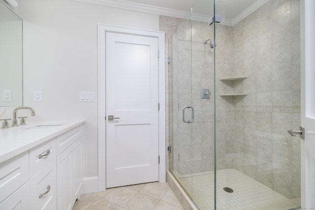 40 Hoyclo Rd, Stamford, CT 06903 - full bath with a shower stall, ornamental molding, tile patterned flooring, and vanity