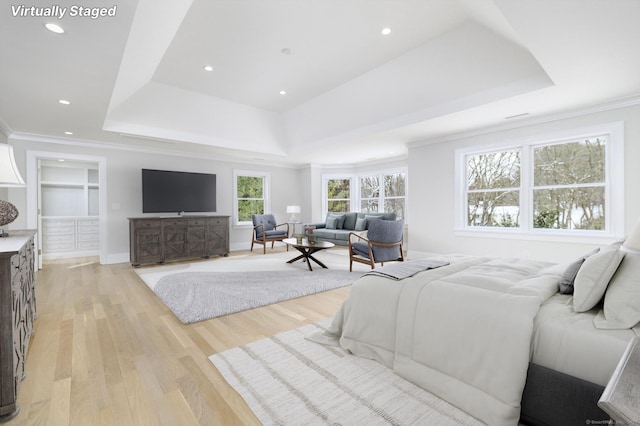 40 Hoyclo Rd, Stamford, CT 06903 - bedroom with light wood-type flooring, a tray ceiling, recessed lighting, and ornamental molding