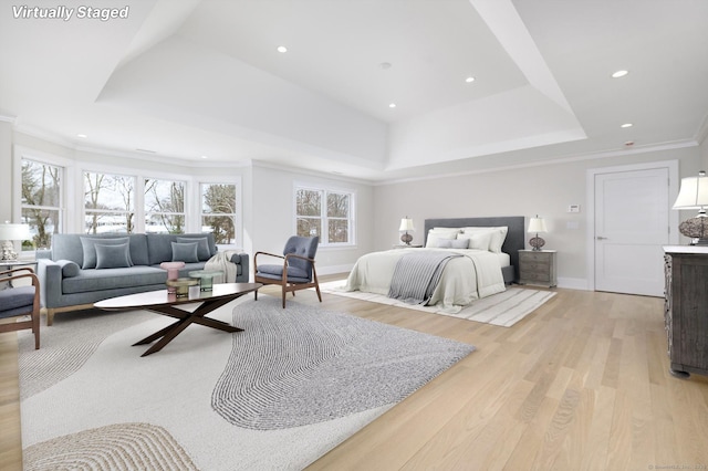 40 Hoyclo Rd, Stamford, CT 06903 - bedroom with light wood-type flooring, a tray ceiling, baseboards, ornamental molding, and recessed lighting
