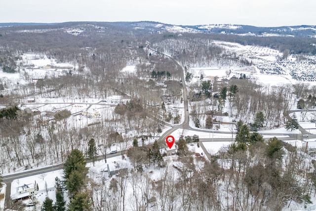 snowy aerial view featuring a mountain view