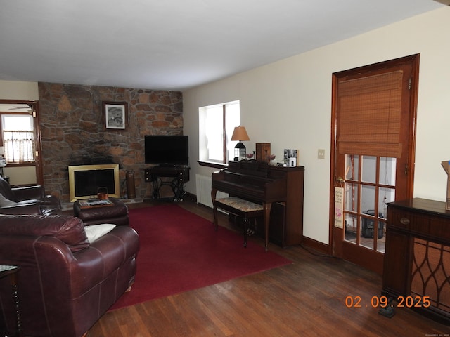 living room featuring dark hardwood / wood-style floors, radiator, and a fireplace