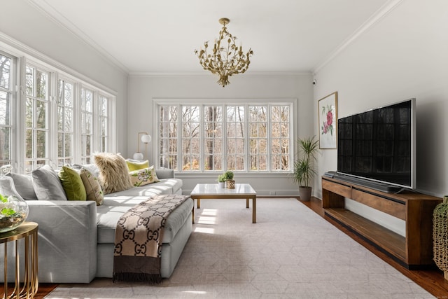 living area featuring ornamental molding, wood finished floors, and a wealth of natural light