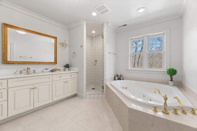 full bath with visible vents, ornamental molding, a tub with jets, and a shower stall