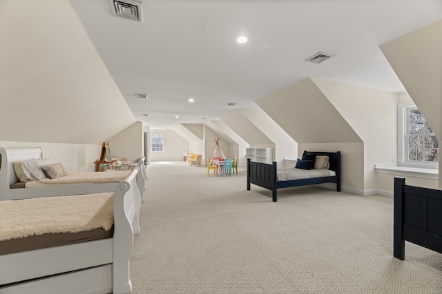 bedroom featuring recessed lighting, visible vents, vaulted ceiling, and light colored carpet