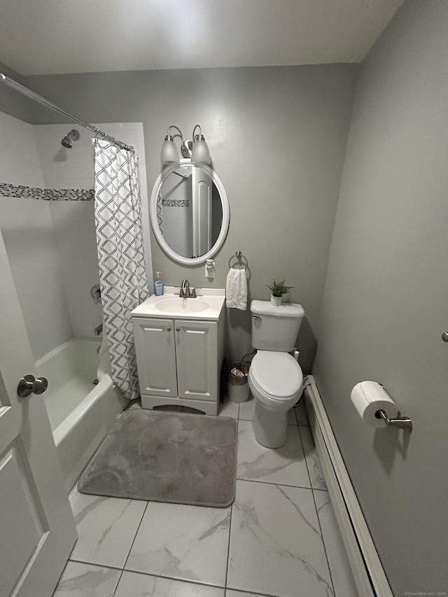 bathroom featuring vanity, shower / tub combo, a baseboard heating unit, toilet, and marble finish floor