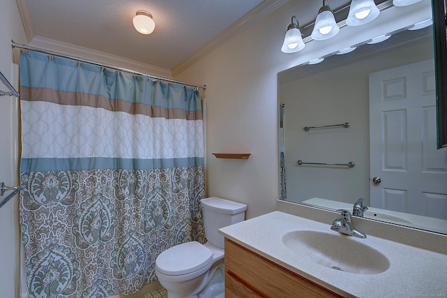 bathroom with toilet, ornamental molding, a textured ceiling, a shower with shower curtain, and vanity