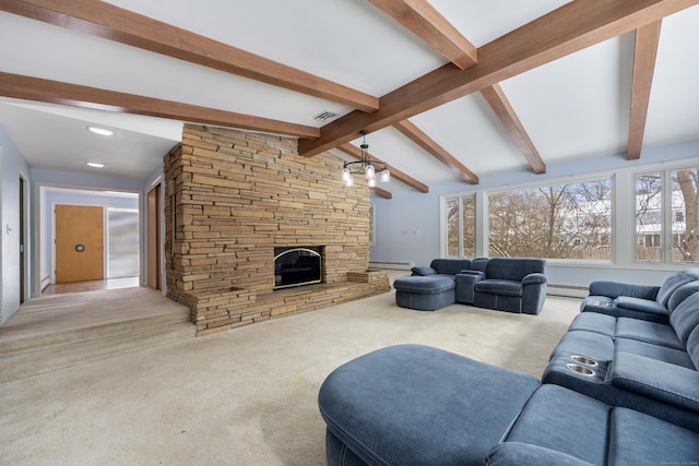 carpeted living room featuring a baseboard radiator, a fireplace, and vaulted ceiling with beams