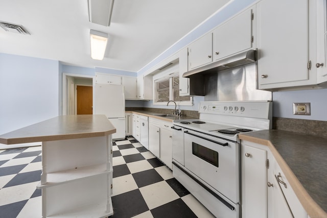 kitchen featuring sink, white appliances, white cabinets, and a kitchen island