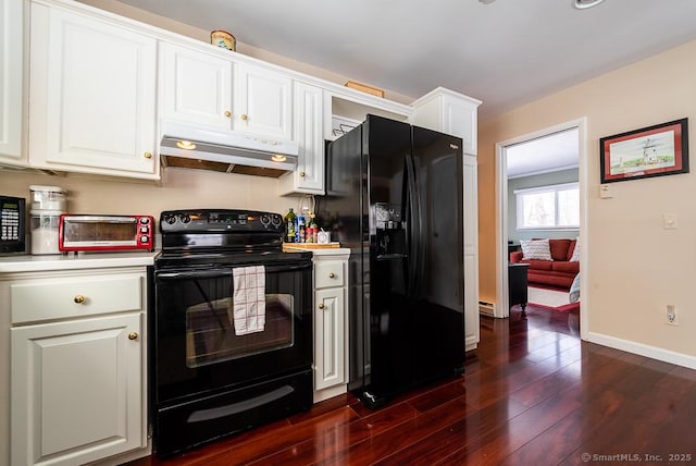 kitchen featuring white cabinets, dark hardwood / wood-style floors, and black appliances