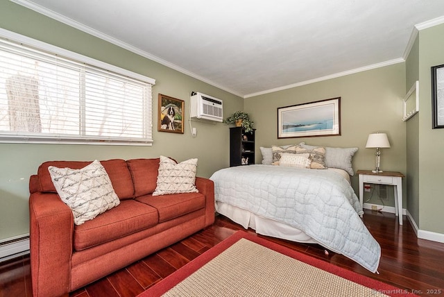 bedroom with a wall mounted air conditioner, hardwood / wood-style flooring, ornamental molding, and a baseboard heating unit