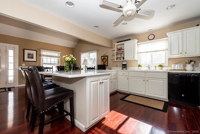 kitchen with white cabinetry, dishwasher, sink, and kitchen peninsula