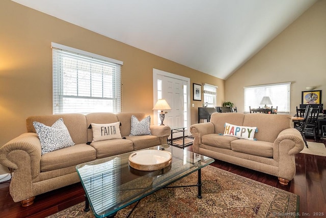 living room with plenty of natural light, high vaulted ceiling, and dark hardwood / wood-style flooring