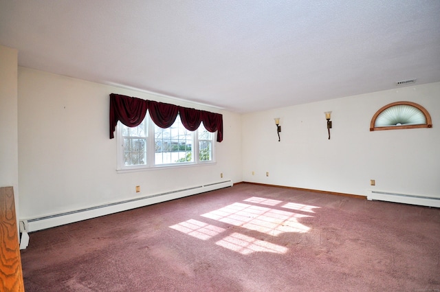 unfurnished room featuring a baseboard radiator and carpet flooring