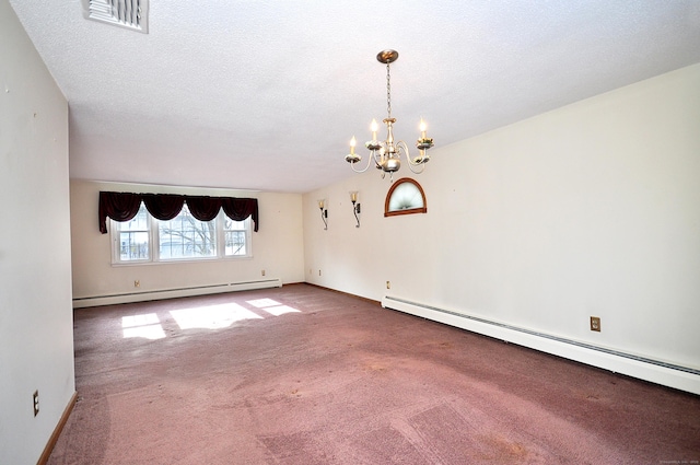 carpeted empty room with a textured ceiling, a chandelier, and baseboard heating