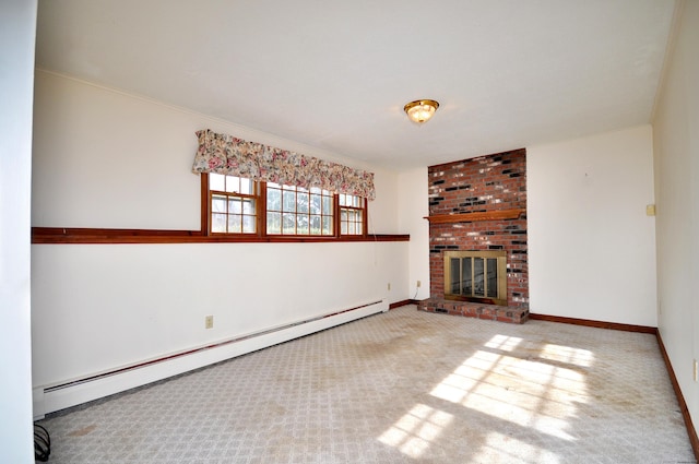 unfurnished living room with a baseboard radiator, a fireplace, and carpet