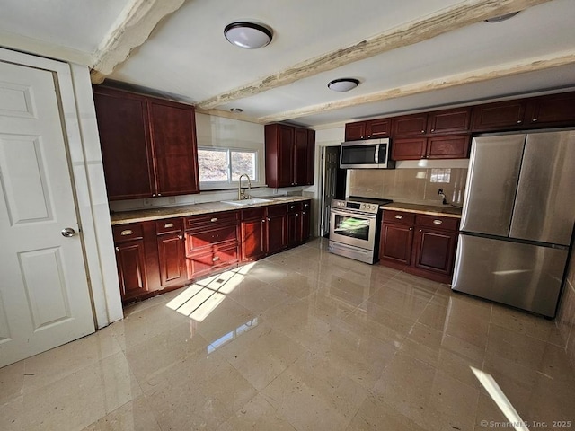 kitchen featuring stainless steel appliances, beam ceiling, sink, and decorative backsplash