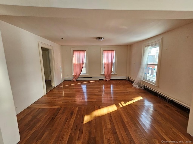 unfurnished room with dark wood-type flooring and baseboard heating