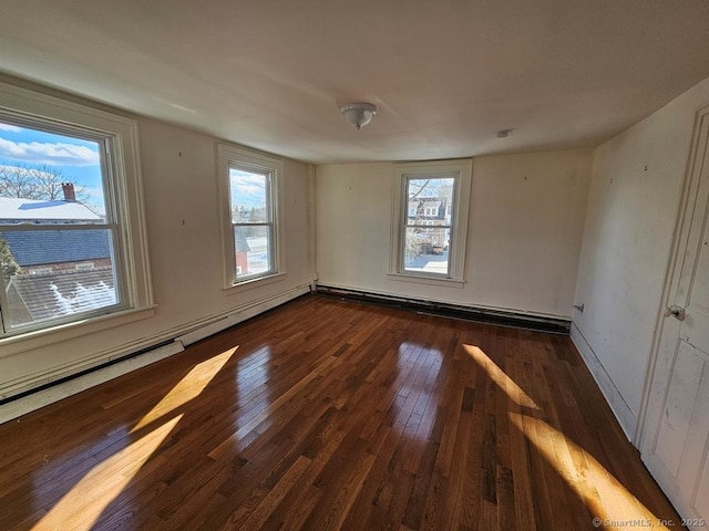 empty room featuring a baseboard radiator and dark hardwood / wood-style floors