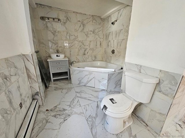 bathroom featuring toilet, a baseboard radiator, tiled bath, and tile walls