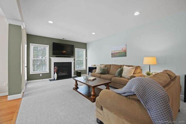 living room featuring a wealth of natural light and light wood-type flooring