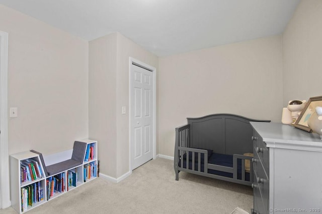 bedroom with light colored carpet