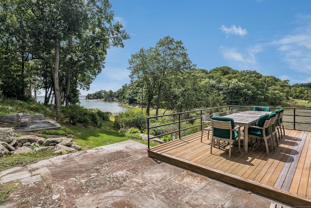 48 Andrews Rd, Guilford, CT 06437 - deck with outdoor dining space, a water view, and a patio area