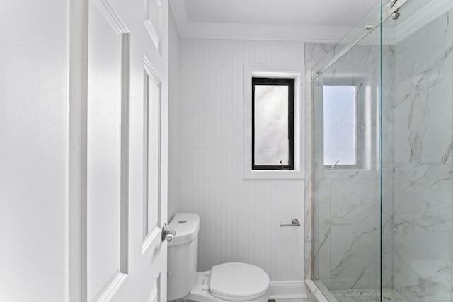 full bathroom with crown molding, a marble finish shower, and toilet