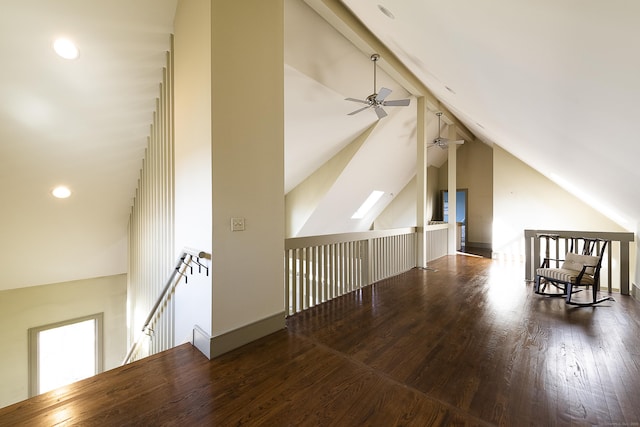 additional living space featuring wood finished floors, a ceiling fan, lofted ceiling, and recessed lighting