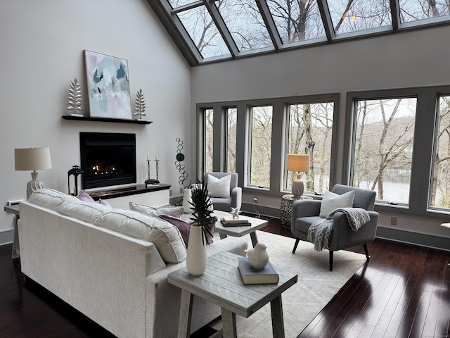 living room featuring dark wood-style flooring, high vaulted ceiling, and plenty of natural light
