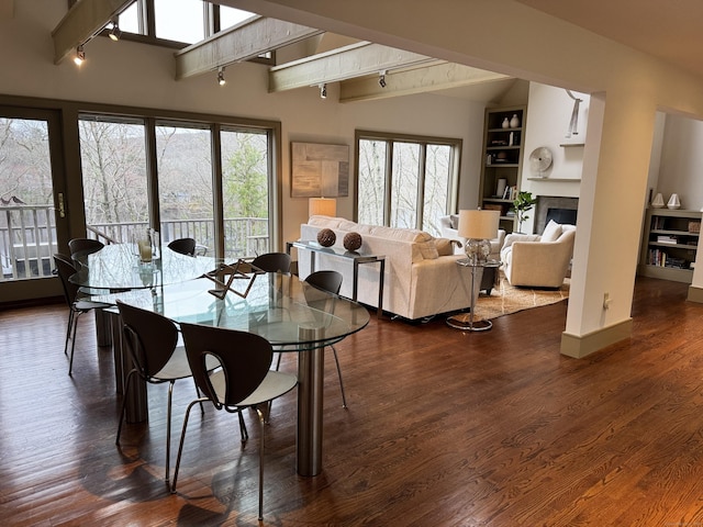 dining area with rail lighting, beam ceiling, and a wealth of natural light