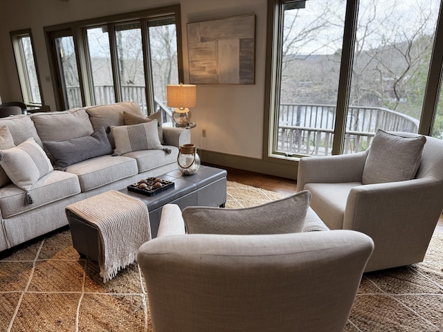 living room featuring a healthy amount of sunlight and baseboards