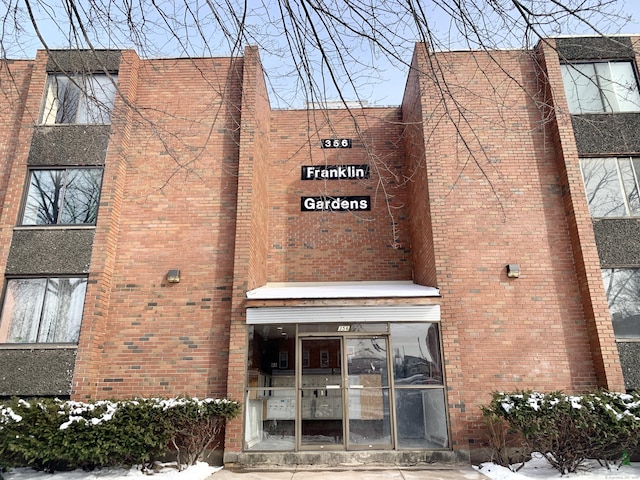 view of snow covered building