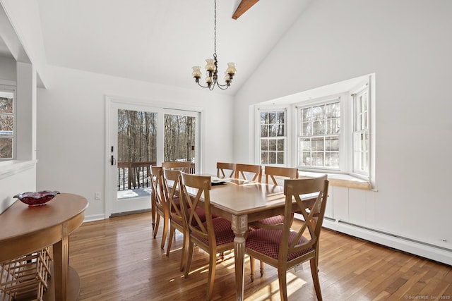 dining room with wood-type flooring, plenty of natural light, a notable chandelier, and a baseboard radiator