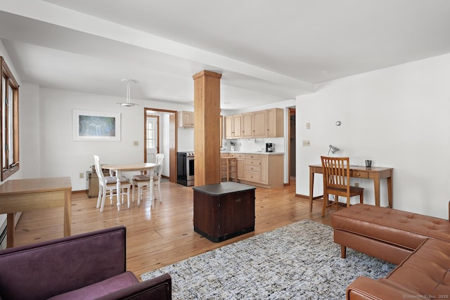 living room featuring ornate columns and light wood-type flooring