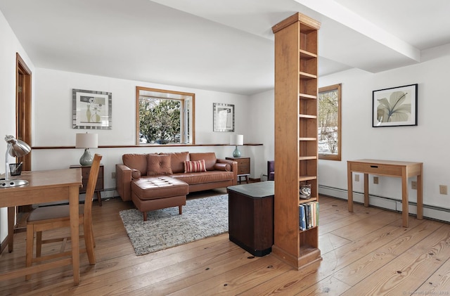 living room with light hardwood / wood-style flooring and a baseboard radiator