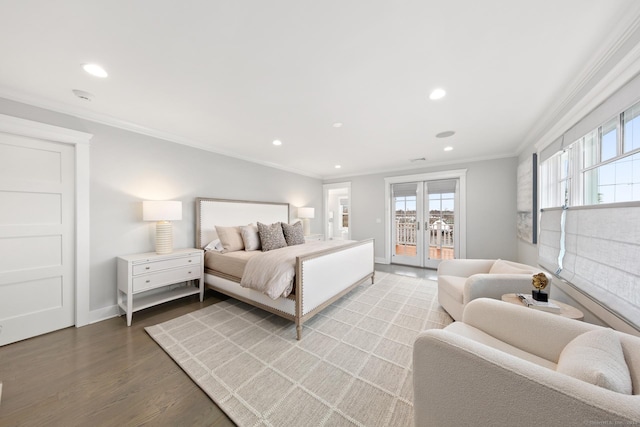 bedroom featuring access to outside, ornamental molding, wood finished floors, and recessed lighting